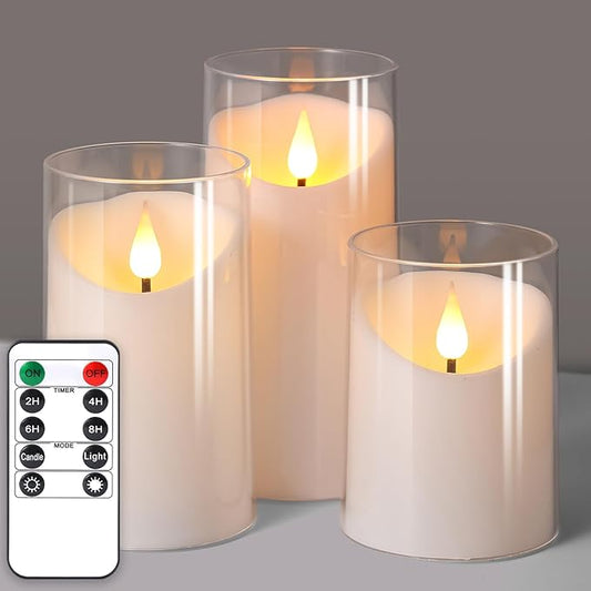 NURADA Flameless Candles with Remote Timer: 3D Wick Battery Operated Led Pillar Unbreakable Acrylic Fake Candle Set for Home Decoration Romantic Ambiance - Pure White 3 Pack