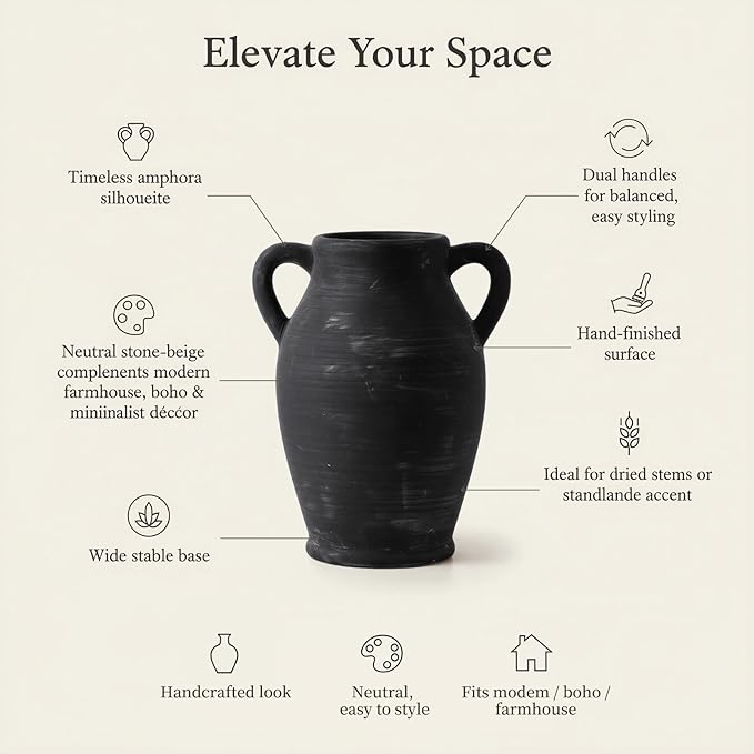 8.1-Inch Black Ceramic Flower Vase with Handles, Rustic Farmhouse Boho Pottery Centerpiece for Table, Living Room & Shelf