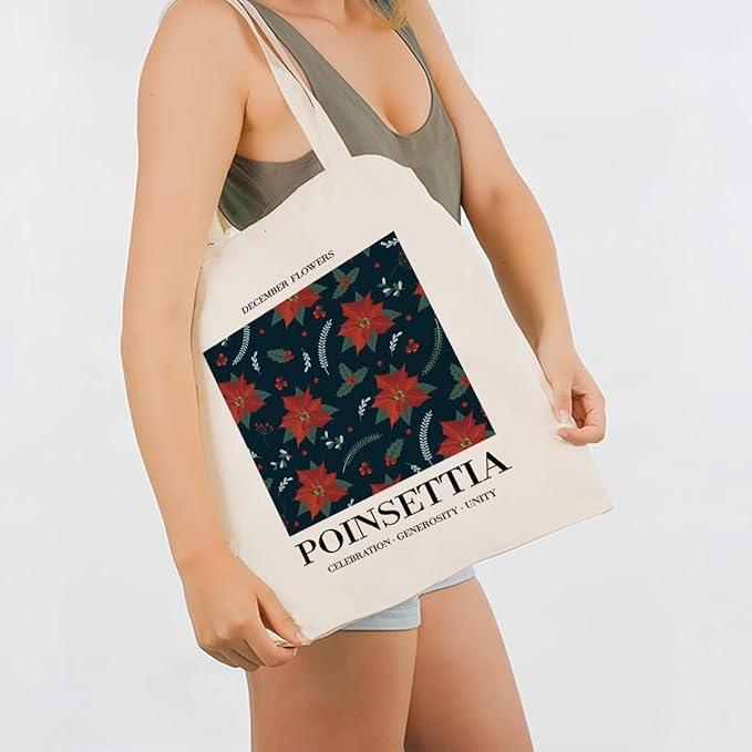Flower Canvas Tote Bag, December Poinsettia Reusable Shoulder Bags, Christmas Gifts to Sister and Friends, Casual Canvas Totes for Work Traveling, Holiday Gift Bags for Wrap Storage