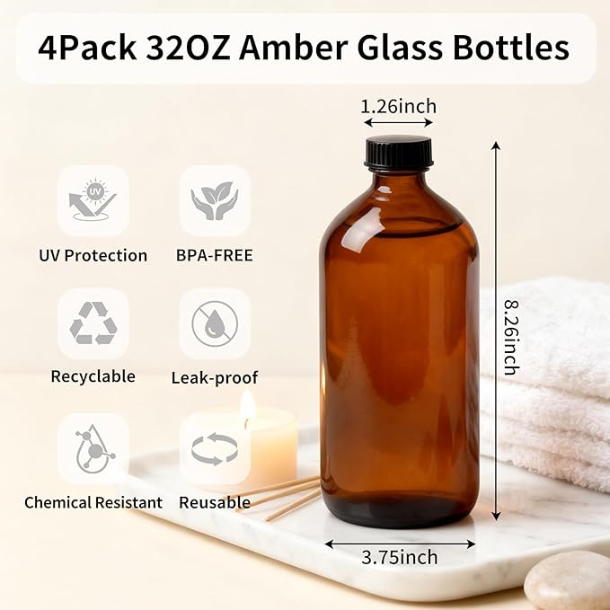 4 Pack 32 oz Amber Glass Boston Round Bottles with Phenolic Polycone Caps – Airtight, Leak-Proof Brown Bottles for Kombucha Brewing, Essential Oils, Storing Condiments, and Homemade Solutions