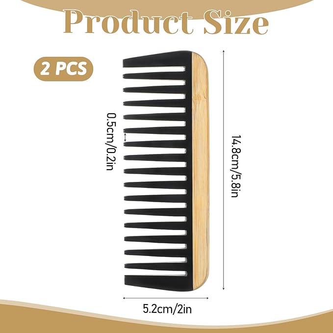 2 PCS Bamboo Wide Tooth Comb for Curly Hair, Anti-Static Wooden Detangling Comb for Curly Wet Thick Hair with Bakelite Teeth for Women Men