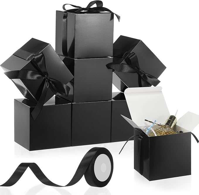 48 Pcs Christmas Gift Boxes with Ribbon Small Party Favor Boxes with Lids Mini Treat Candy Container for Wedding, Party, Birthday, Valentine's Day and More(Black,2 Inch)