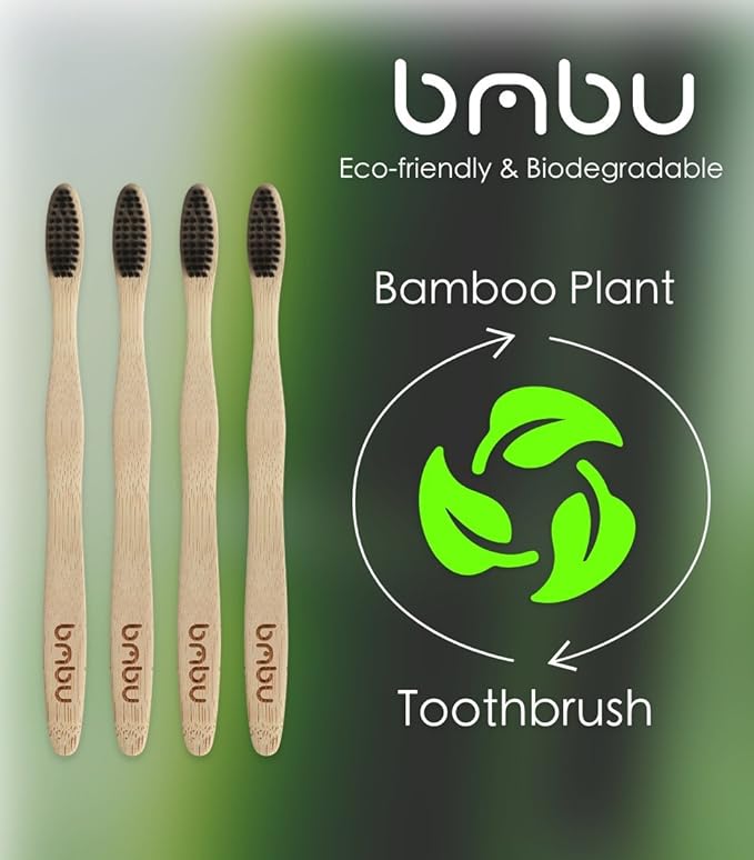 bmbu Bamboo Toothbrush 4 Pack - Medium/Soft Charcoal Bristles Tooth Brushes Wooden Handle - BPA Free, Eco Friendly, Vegan Product Gift Idea, Sustainably Grown in Recycled Biodegradable Packaging