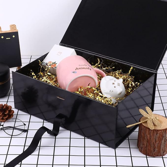 Glossy Black Bridesmaid Proposal Box - Large Gift Box with Lid, Magnetic Closure, Ribbon - 12x8x4.5 Inches