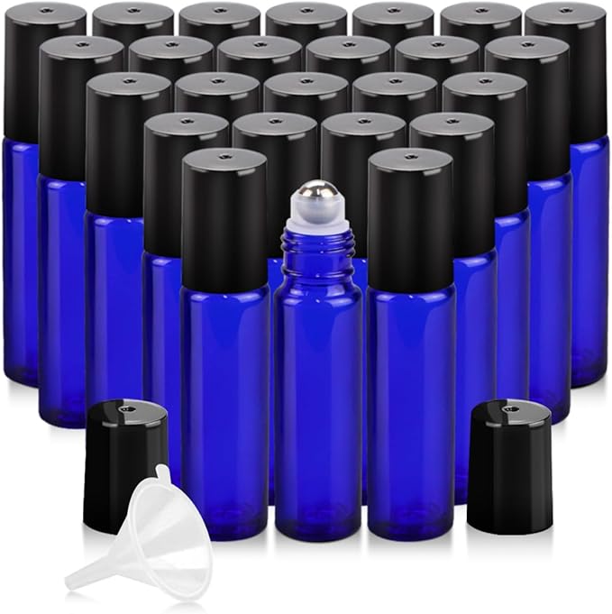25 Pack Essential Oil Roller Bottles, 10ml Refillable Glass Roller Bottles with Stainless Steel Roller Balls and Caps for Travel, Perfume and Lip Gloss Blue