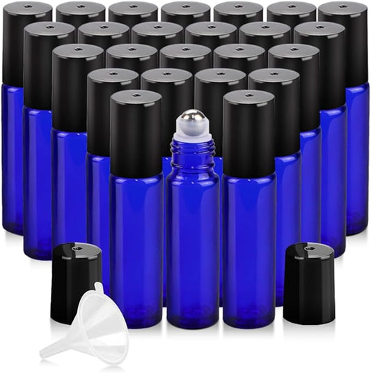 25 Pack Essential Oil Roller Bottles, 10ml Refillable Glass Roller Bottles with Stainless Steel Roller Balls and Caps for Travel, Perfume and Lip Gloss Blue
