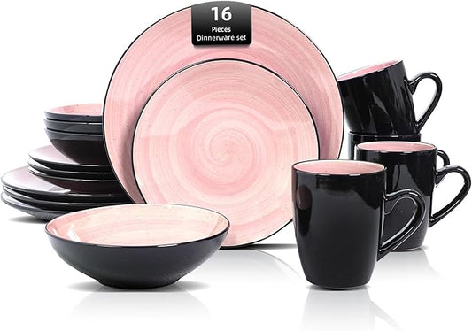 Sonoma Stoneware 16pc Dinnerware Set, Outside Black + Inside Hand Painting Rose
