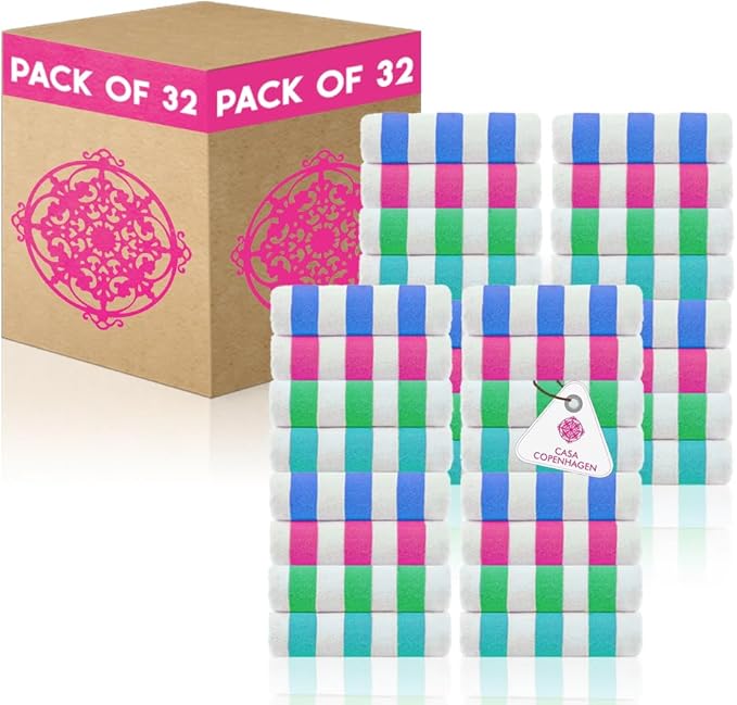 CASA COPENHAGEN Cabana Beach Towels Designed in Denmark Rough and Tough, Quick Dry, for Pool, Bath & Shower 30x60 inches 32 Pieces Cotton Beach Bath Towels Set - Turquoise,Royal Blue,Pink,Green