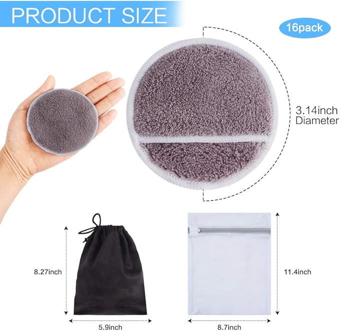 SUNLAND Reusable Makeup Remover Pads for Face,Eye,Lips 16 Pack Microfiber Face Cleansing Gloves Washable with Laundry Bag and Travel Bag Rounds Toner Pads (Round 3.15inchx16, dpurple)