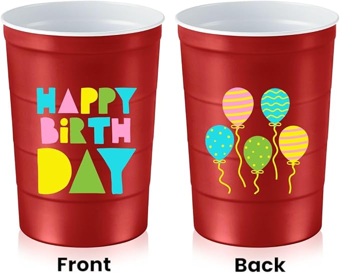 16 oz. Party Cups 'Happy Birthday' Balloon Design for Cold Drinks, Durable, Disposable, Recyclable, Made in USA, Red, 12 Count