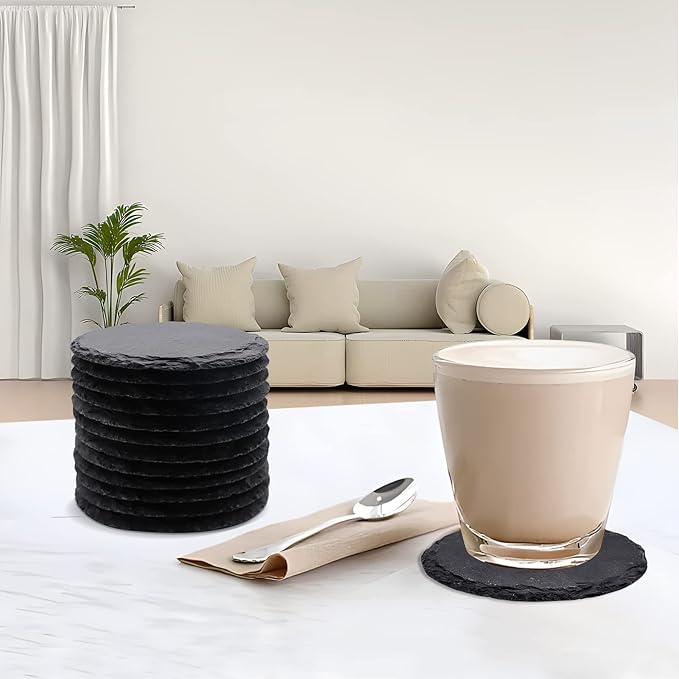 60 Pack Slate Drink Coasters, VIBRATITE 4 Inch Black Slate Stone Coasters Bulk Cup Coaster Laser Engraving Blanks with Anti-Scratch Bottom for Drink Coffee Bar Kitchen Home Decor, Round