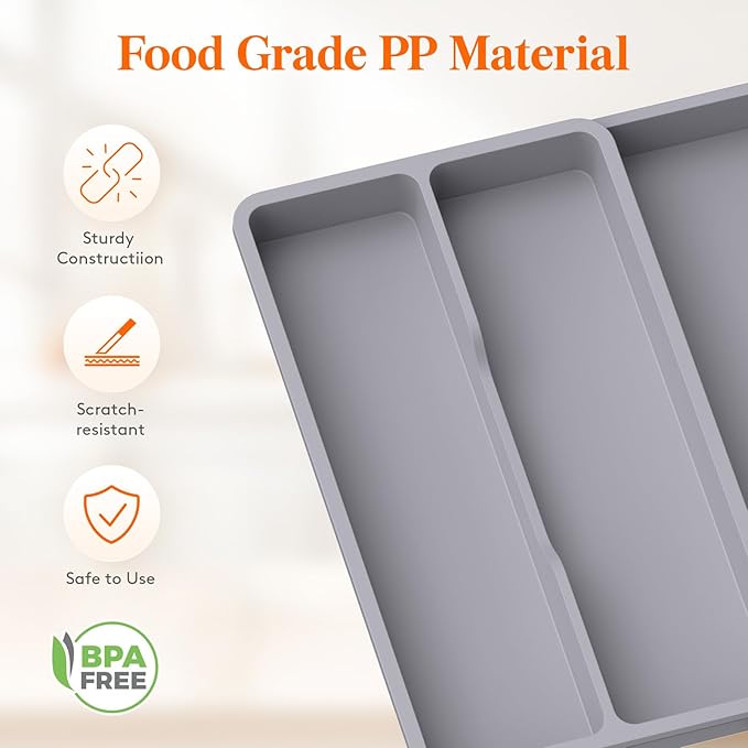 Lifewit Utensil Drawer Organizer, Expandable Cooking Silverware Tray for Kitchen Drawer, Adjustable Cutlery Flatware Holder, Plastic Spatula Tools and Gadgets Storage Divider, 3 Compartments, Gray