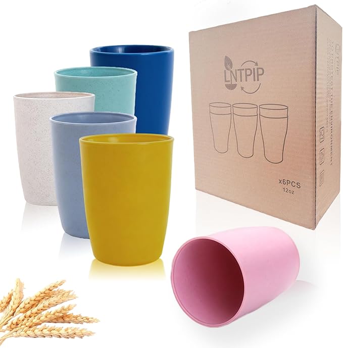 LNTPP 12oz Wheat Straw Cups, 6-Pack - Thickened Reusable & Microwave Safe, Dishwasher Friendly Eco-Cups for Home & Kitchen