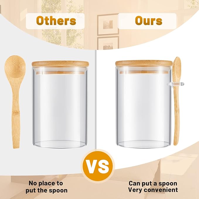 Tessco for you 8 Pack Sugar Jar Glass Container with Spoon Clear Glass Jars with Bamboo Lid and Spoon Scoop for Women Christmas Kitchen Gift Coffee Beans, Spice, Sugar, Nuts, Candy, Salts (17 oz)