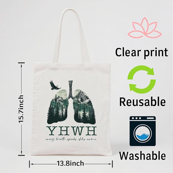 Christian Canvas Tote Bag, YHWH Every Breath Speaks His Name Tote Bag, Christian Canvas Totes for Work Traveling, Reusable Grocery Shoulder Shopping Bags, Christmas Gifts to Women Friends