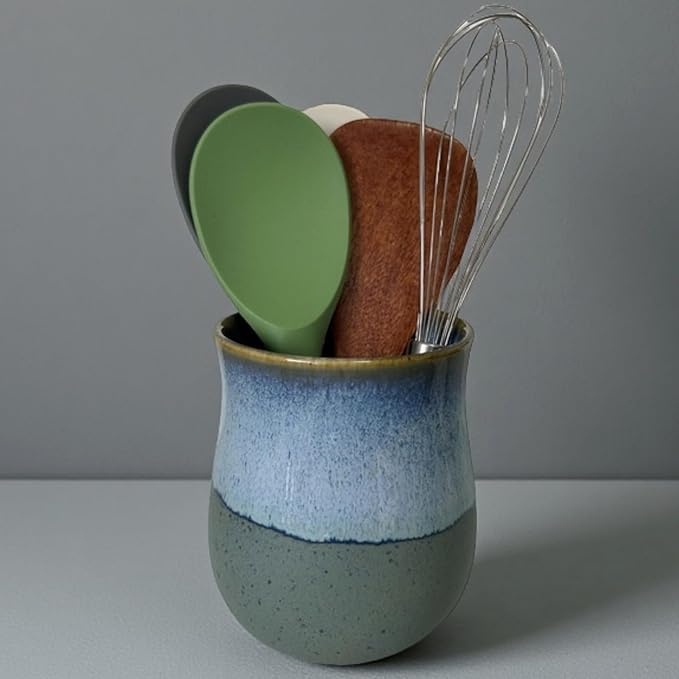 Medium Ceramic Kitchen Utensil Holder for Kitchen Counter Short Cooking Utensil Holder for Countertop Spatula Holder Small Utensil Crock Cutlery Holder Silverware Caddy Flower Vase (Retro Coast Beach)