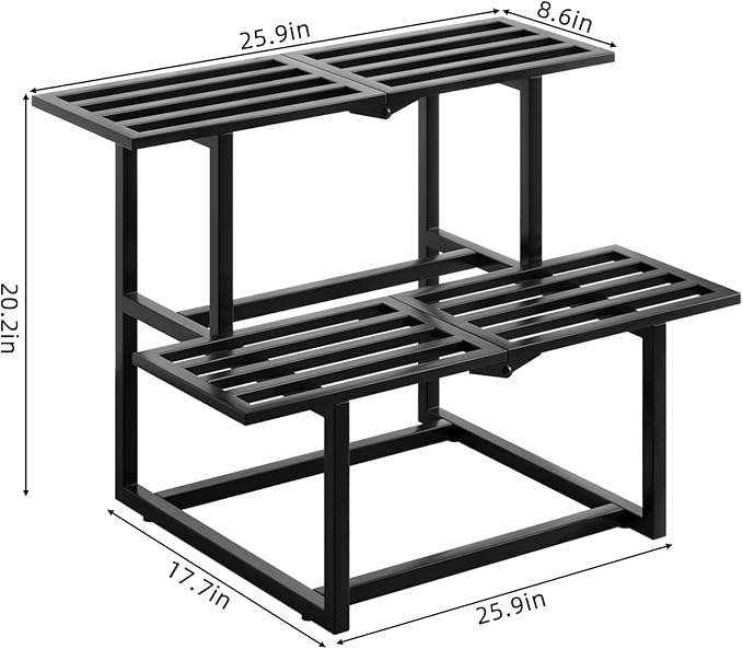 Metal Plant Stand Indoor, Outdoor Iron Plant Shelf, Heavy Duty Slatted Display Shelf for Patio Balcony Garden Living Room Load Bearing 330 LB 26" L x 20.2" H x 17.7" W 2 Tier Black