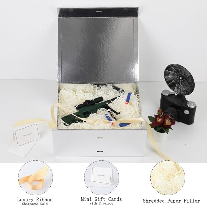 BoxSkivra Large Silver Gift Box with Ribbon 1 Pack 13X11X5.3 Inch Large Gift Box with Lid Magnetic Closure Rectangle Collapsible Luxury Gift Boxes for Wedding Gifts Crinkle Cut Paper Shred with Card