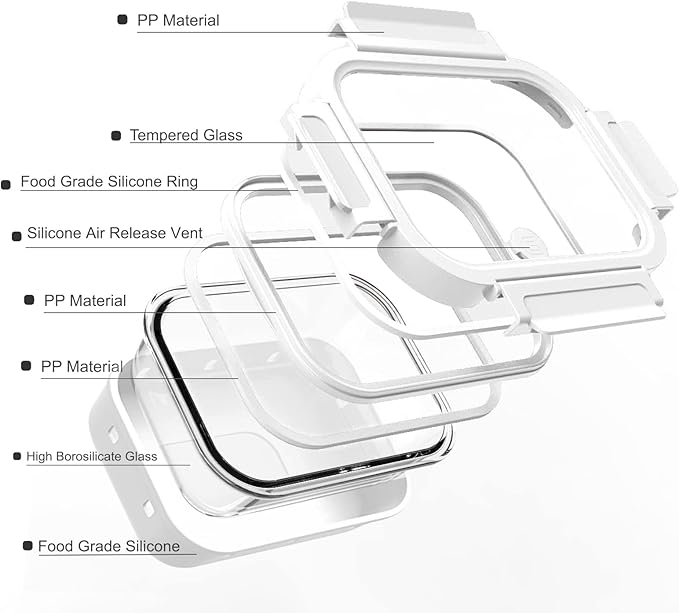 Glass Food Storage Meal Prep Containers - Food Grade Silicone Wrap & Air Release Vent, Rectangular shape - 8 Pc Set (4 Containers - 4 Matching Lids)