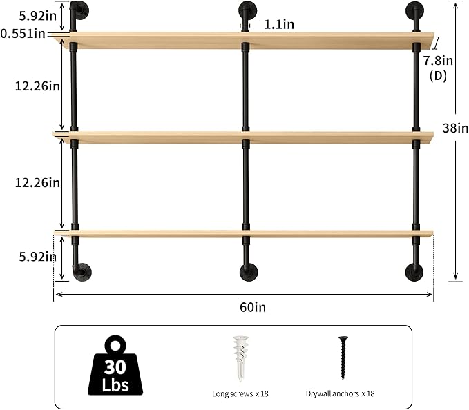3-Tier Industrial Pipe Floating Shelf – Rustic 60 inch Wood Wall-Mounted Storage Shelf for Kitchen Office,Bathroom & Home Decor -White Oak