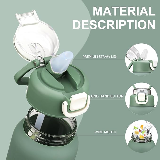 24 oz Glass Water Bottles with 2 Lids-Handle Spout Lid & Straw Lid, Motivational Water Bottle with Time Marker and Silicone Sleeve,Leakproof-Olive-1 Pack