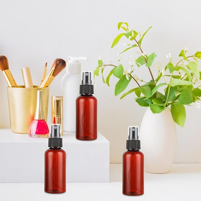 60PCS 2 oz Plastic Amber Spray Bottle, Empty Small Amber Spray Bottle with Sticker and Funnel, Refillable Mini Mister Spray Bottles for Essential Oils, Bath & Cleaning
