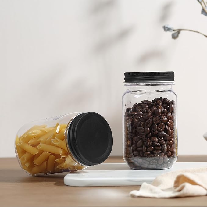 novelinks 16 oz Clear Plastic Jars with Screw-On Lids - BPA-Free Refillable Storage Containers for Slime, Food, Crafts, Kitchen & Household Use (15 Pack,Black)