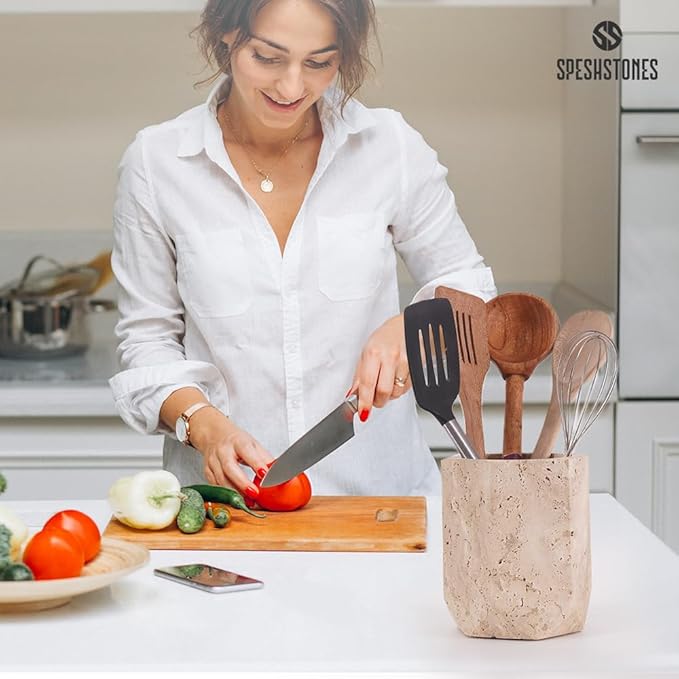 Marble Utensil Holder 6.5 Inch Travertine Cooking Utensil Crock for Countertop Storage, Modern Stone Utensils Caddy, Spoon & Spatula Organizer for Farmhouse Kitchen Decor