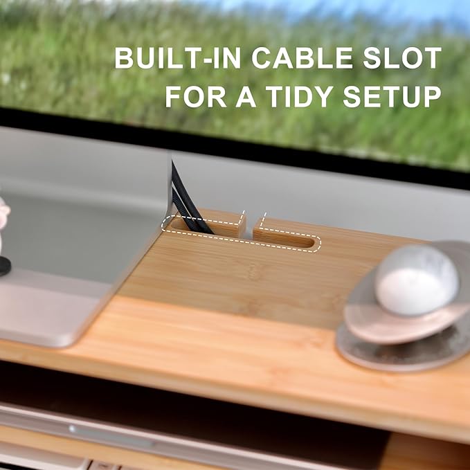 Bamboo Monitor Stand Riser with Drawer, Ergonomic Computer Riser for Desk with Cable Management & Storage Organizer, Wood Monitor Stand for Home Office