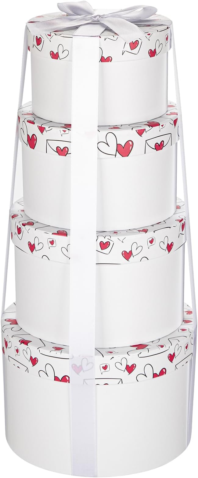 Luxury Round Nested Gift Boxes with Lids (Set of 4) – Reusable Sturdy Cardboard Gift Box Set for Birthdays, Weddings, Anniversaries, Christmas, and Valentine’s Day – White & Red