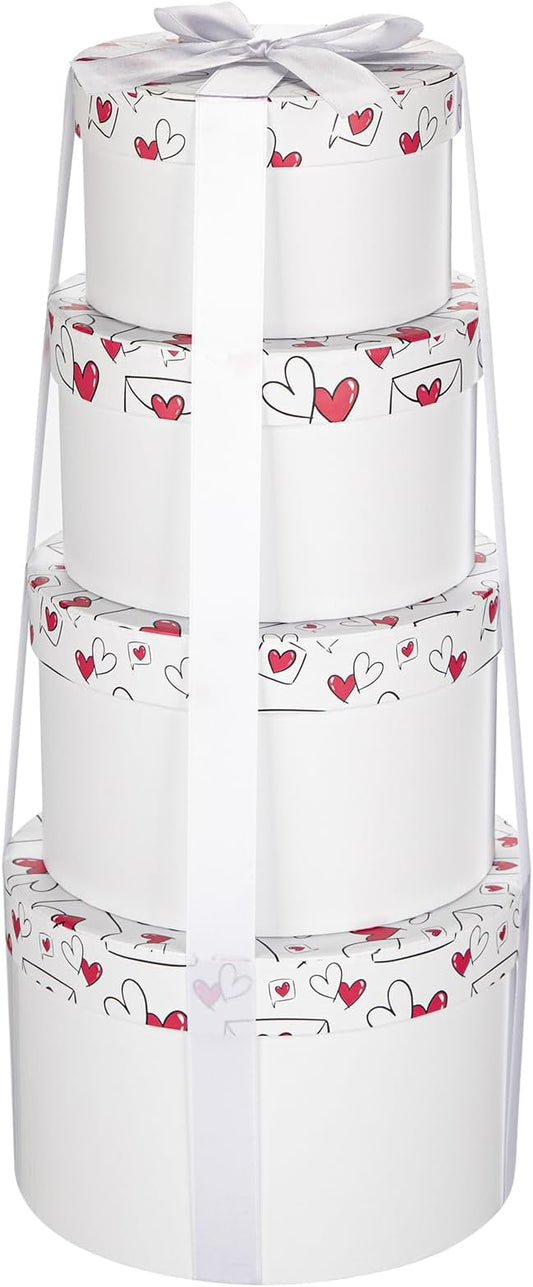 Luxury Round Nested Gift Boxes with Lids (Set of 4) – Reusable Sturdy Cardboard Gift Box Set for Birthdays, Weddings, Anniversaries, Christmas, and Valentine’s Day – White & Red