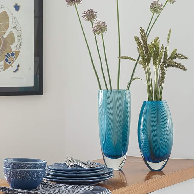 Ca D Oro Murano Style Glass Vase Blue Feather Pattern Hand Blown Art Glass for Flower, Room Decoration and Centerpiece - Model 54 MS