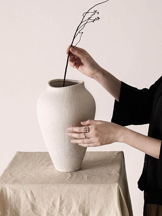 White Ceramic Vase - Large 11.8 Inch Tall Floor Vase for Centerpieces, Farmhouse Rustic Minimalist Home Decor for Living Room, Enterway, Wedding (Sandstone White)