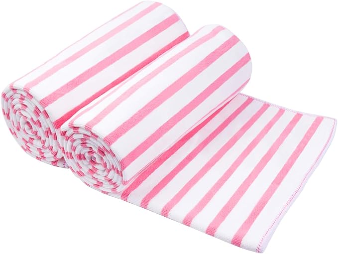 JML Microfiber Bath Towels, Quick Drying Beach Towel (2 Pack, 30" x 60") Cabana Stripe Absorbent Bath Towel Set for Adults, Travel, Summer, Sport, Swimming, Pool, Yoga, Camping, Microfiber StripePink