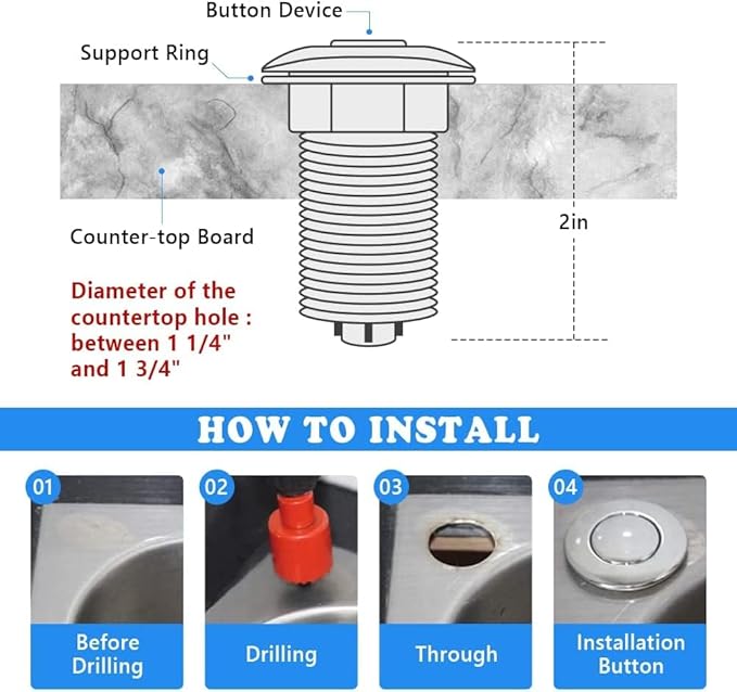 Garbage Disposal Switch, Cordless Air On Off Kit for Food Waste Disposer, Brushed Gold, SHORT 2.5" Sink Top Push Button by CLEESINK