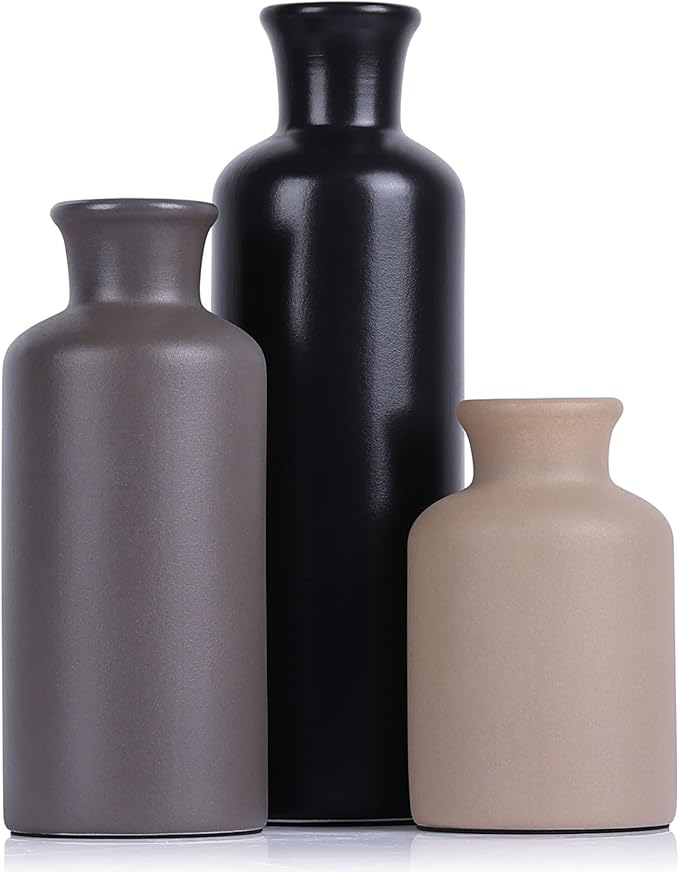 Ceramic Vase Set of 3 - Modern Neutral Vases for Home Decor Rustic Farmhouse Decor Pampas Vase for Table Mantel Entryway Shelf Living Room Kitchen Bathroom