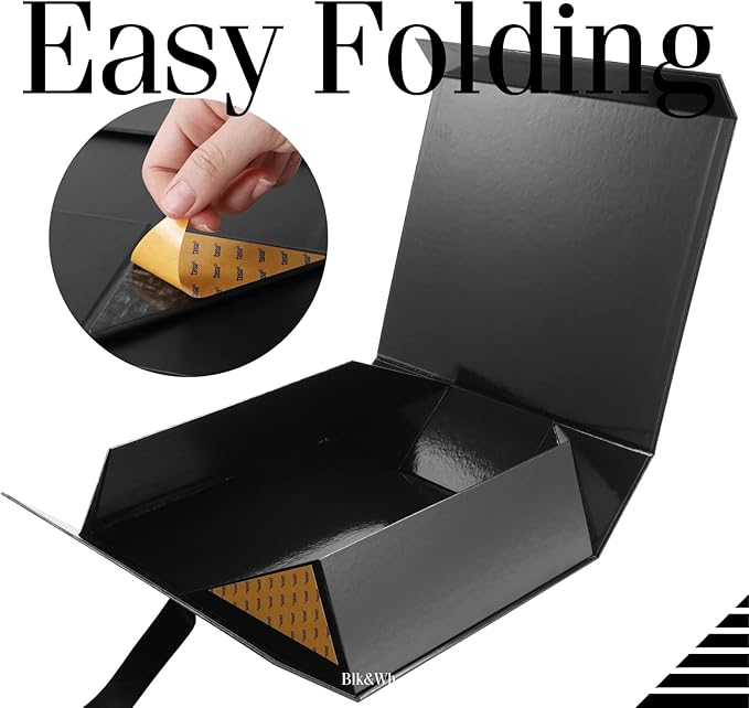 BLK&WH 3 Extra Large Gift Boxes with Ribbon 16.3x14.2x5 Inches, Large Black Gift Boxes with Lids for Presents, Groomsmen Proposal Boxes, Big Gift Boxes for Clothes and Large Gifts (Glossy Black)