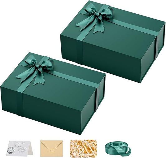 HongCai printing Large Gift Box with Lids Green: 2 Pack 13.5×10×5 Inches Packaging with Magnetic Lid - Holds Christmas Birthdays Holiday Gifts - Ideal for Couples Friends Family