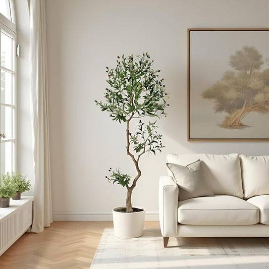 Fake Olive Tree 6.2 Feet – Artificial Plants Indoor, Faux Olive Tree, Fake Tree for Home Decor, Faux Trees Indoor for Living Room, Office, Bedroom – Tall Artificial Trees for Home, Designer Tree
