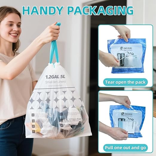 OKKEAI 1.2 Gallon Mini Trash Bags, Small Drawstring Bathroom Garbage Bags 5L – Leak-Proof Tear-Resistant Wastebasket Liners for Bathroom, Office 70 Count