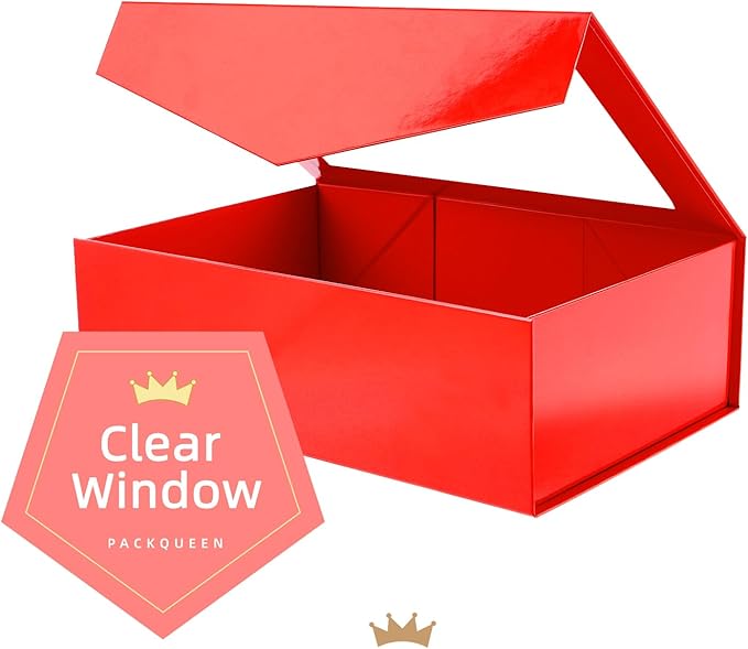 PACKQUEEN 5 Large Red Christmas Gift Boxes with Windows, 13.5x9x4.1 Inches Valentine's Day Clear Gift Boxes for Presents Contain Ribbons, Cards, Bridesmaid Proposal Boxes, Boxes with Magnetic Lids (Glossy Red)