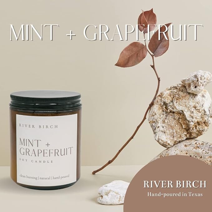 River Birch Candles Mint + Grapefruit Scented Candle | Premium, All-Natural, Non-Toxic, Soy Amber Jar Candles | 8.5oz 40 Hr Burn Time | Cozy Relaxing Gifts for Home