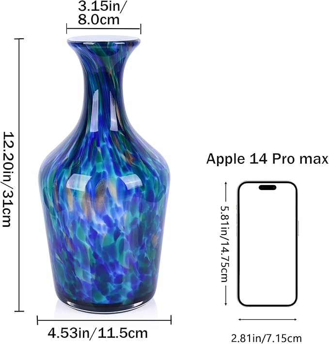 12.2" Tall Hand Blown Glass Vase – Pretty Teal Decorative Flower Vase, Modern Vintage Fusion Home Decor, Colorful Murano Glass Vases for Table Centerpieces, Living Room, Bathroom, Entry Table