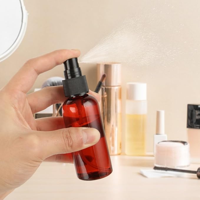 60PCS 2 oz Plastic Amber Spray Bottle, Empty Small Amber Spray Bottle with Sticker and Funnel, Refillable Mini Mister Spray Bottles for Essential Oils, Bath & Cleaning