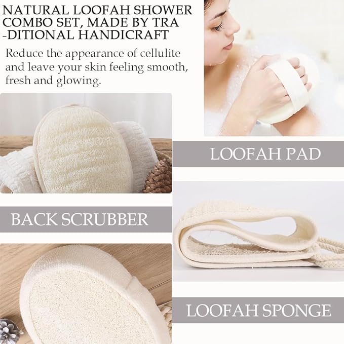 3 Pack Natural Loofah Sponge Exfoliating Body Scrubber, Made of Natural Biodegradable Shower Loufa Sponge, for Shower & Bath