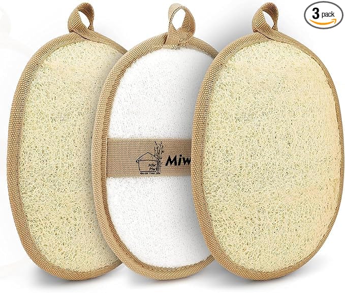 Natural Loofah Exfoliating Body Scrubber (Pack 3), Loofah Bath Sponge, Luffa for Women and Men, 100% Biodegradable Compostable, Dye Free, Zero Waste Eco Friendly Sustainable (4" x 5.5" Each)