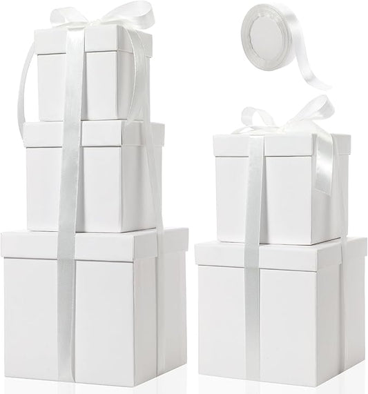 Cholemy 5 Pcs Square Nesting Boxes Decorative Gift Boxes with Lid and Ribbon Assorted Sizes Wrap for Wedding, Thanksgiving, Christmas, Anniversary, Birthday, Bridal Party(White)