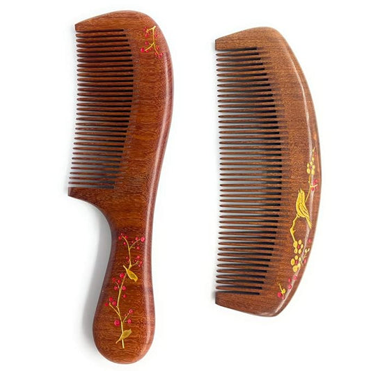 Handmade Wooden and Natural Sandalwood Combs Set - Detangling Fine Tooth Comb with Handle for Women, Anti Static Moon Shape Comb for Straight, Wavy, Dry, Thick or Fine Hair