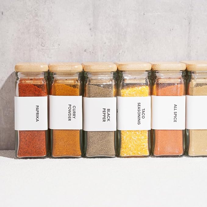 APT 1101 Glass Square Spice Jars with Labels, 4oz Glass Jars with Bamboo Lids, Spice Bottles, Seasoning Organizer, 12 Pack (White)