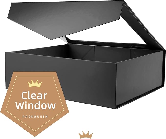 PACKQUEEN Extra Large Black Gift Box with Window, 16.3x14.2x5 Inches Clear Gift Box for Present Contains Ribbon, Card, Groomsman Proposal Box with Magnetic Lid (Glossy Black)